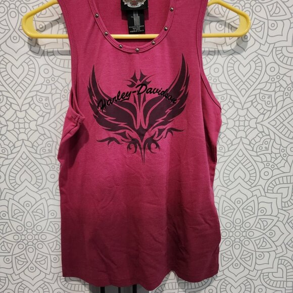 Harley Davidson Fushia Tank Top with studded neckline Size M - Picture 1 of 6